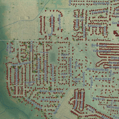Close-up of the map of Meridianville, Alabama print showing street and building detail