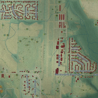 Second close-up of the map of Meridianville, Alabama print showing more streets and buildings