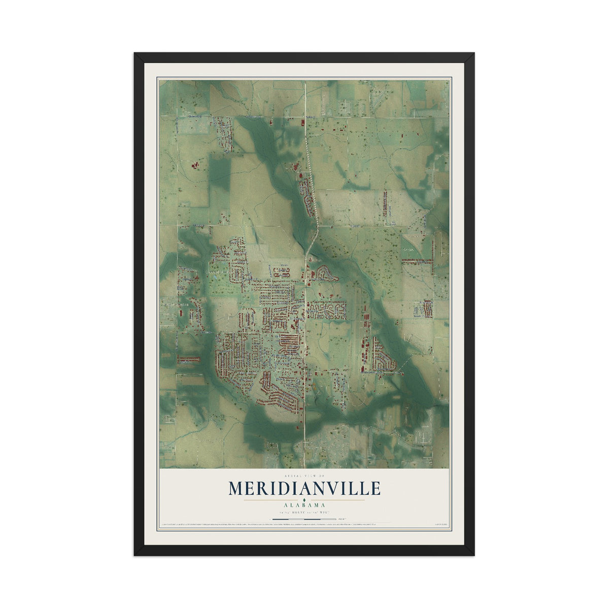 Map of Meridianville, Alabama, 12 x 18 inch print in a black wood frame