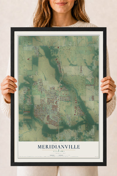 Map of Meridianville, Alabama, 18 x 24 inch print in a black wood frame