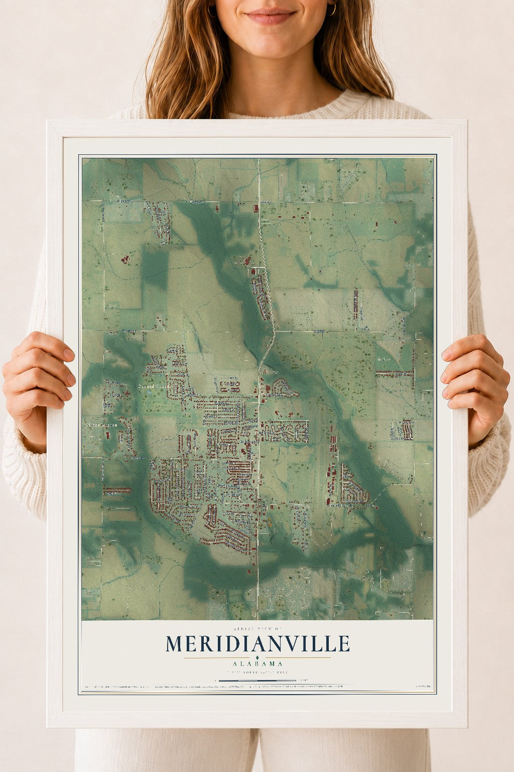 Map of Meridianville, Alabama, 18 x 24 inch print in a white wood frame