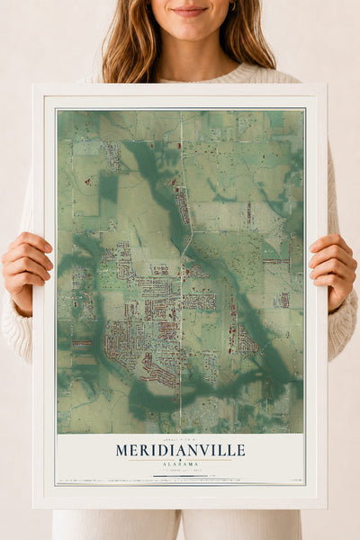 Map of Meridianville, Alabama, 18 x 24 inch print in a white wood frame