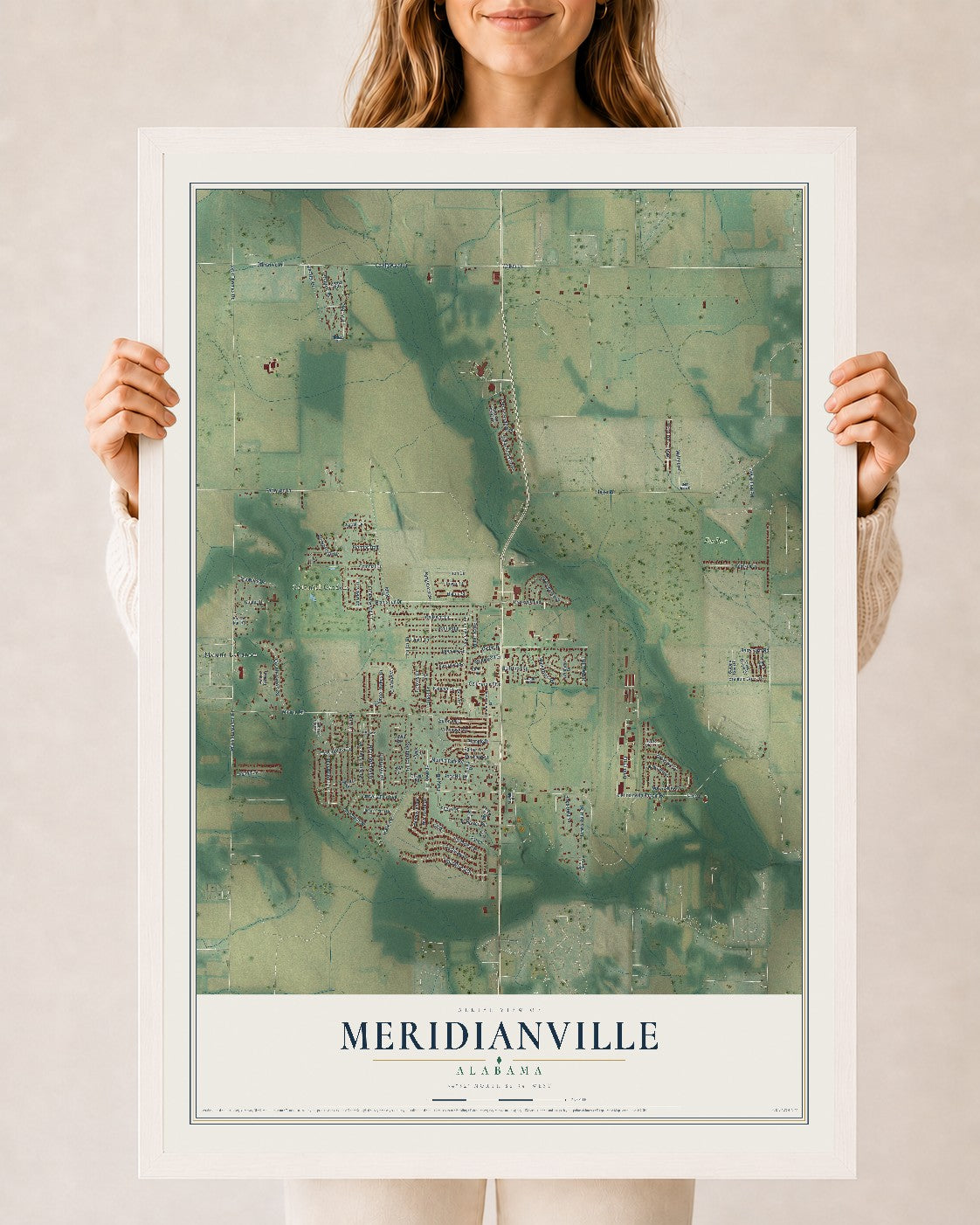 Map of Meridianville, Alabama, 24 x 36 inch print in a white wood frame