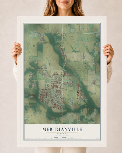 Map of Meridianville, Alabama, 24 x 36 inch print in a white wood frame
