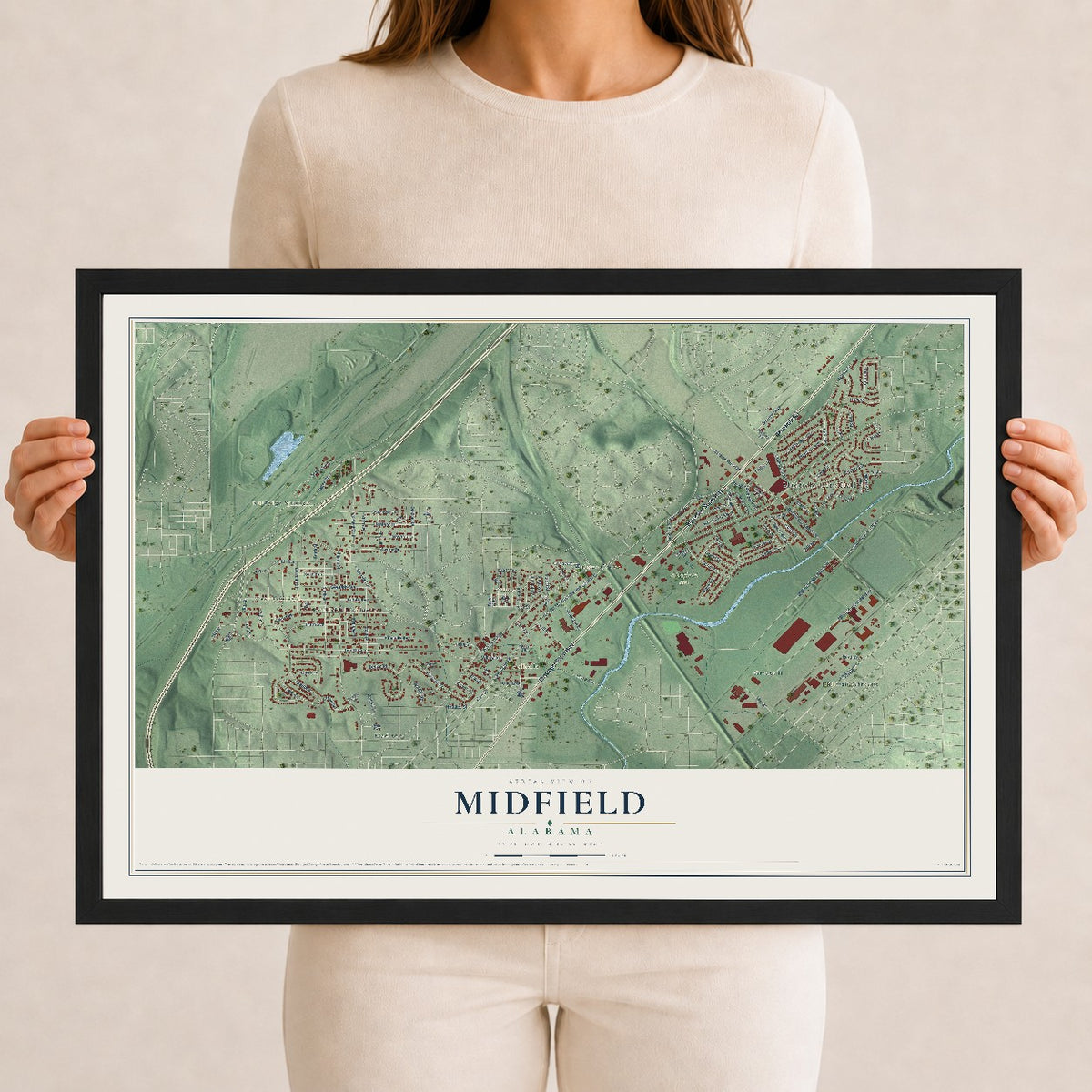 Map of Midfield, Alabama, 12 x 18 inch print in a black wood frame