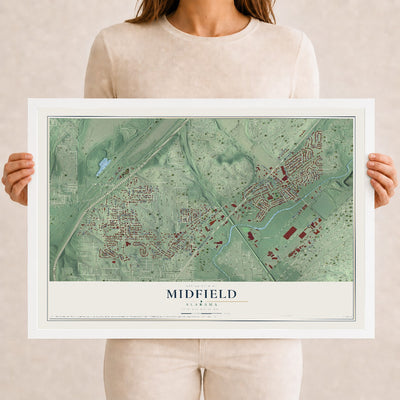 Map of Midfield, Alabama, 12 x 18 inch print in a white wood frame