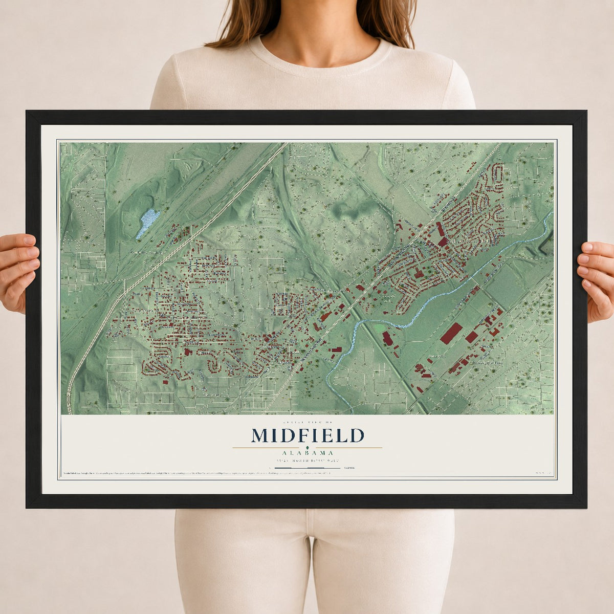 Map of Midfield, Alabama, 18 x 24 inch print in a black wood frame