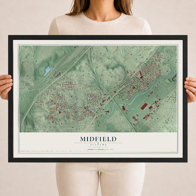 Map of Midfield, Alabama, 18 x 24 inch print in a black wood frame