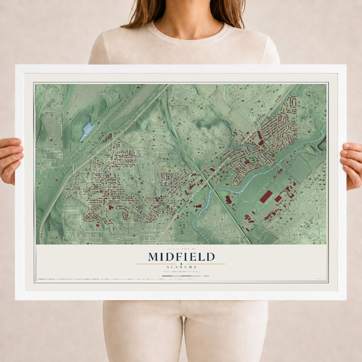 Map of Midfield, Alabama, 18 x 24 inch print in a white wood frame