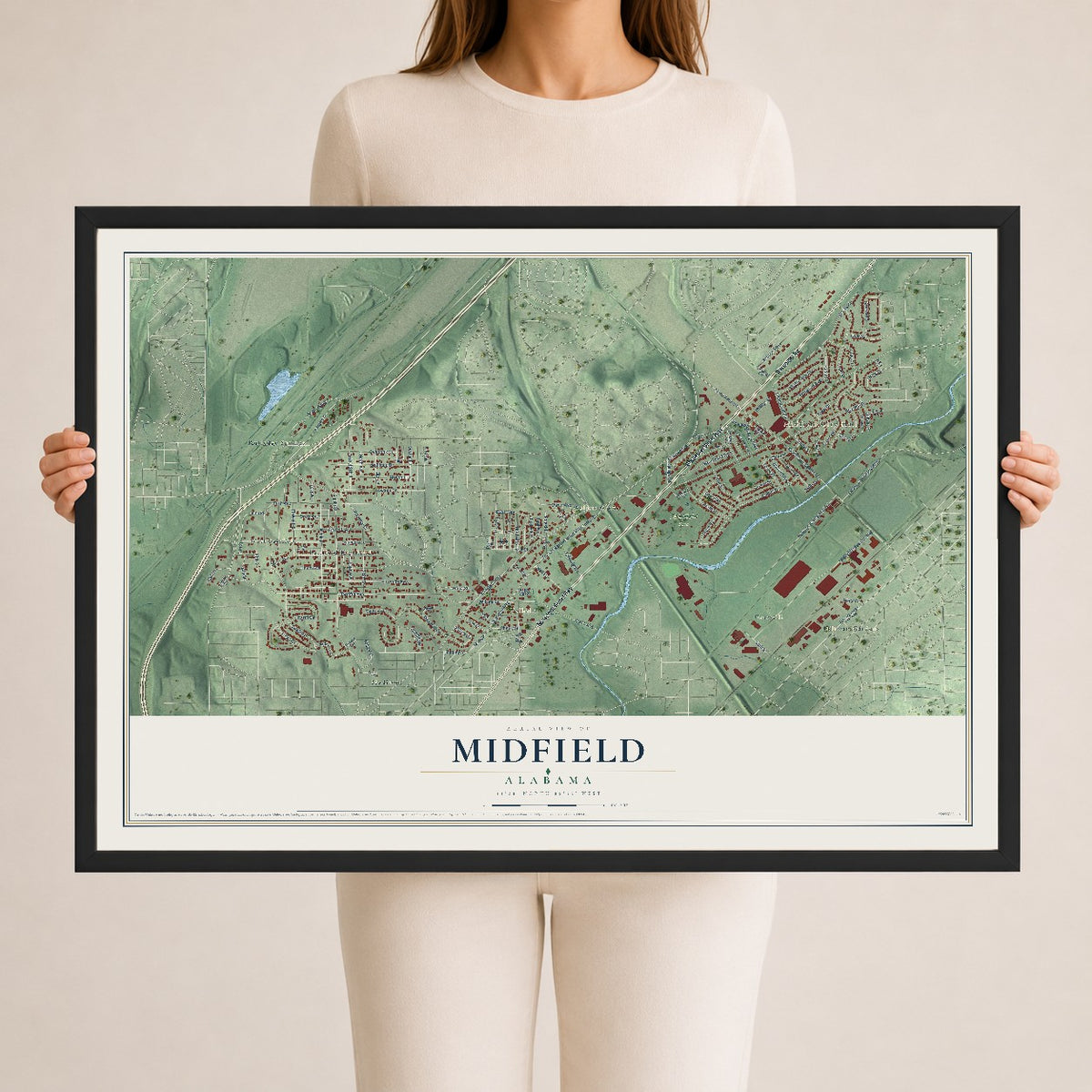 Map of Midfield, Alabama, 24 x 36 inch print in a black wood frame