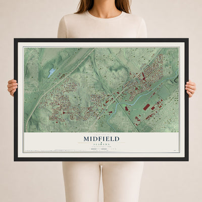 Map of Midfield, Alabama, 24 x 36 inch print in a black wood frame