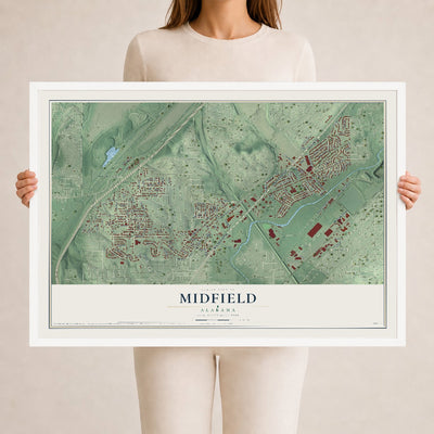 Map of Midfield, Alabama, 24 x 36 inch print in a white wood frame
