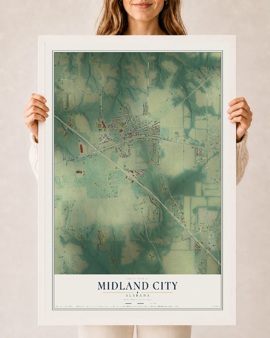 Map of Midland City, Alabama, 24 x 36 inch print in a white wood frame