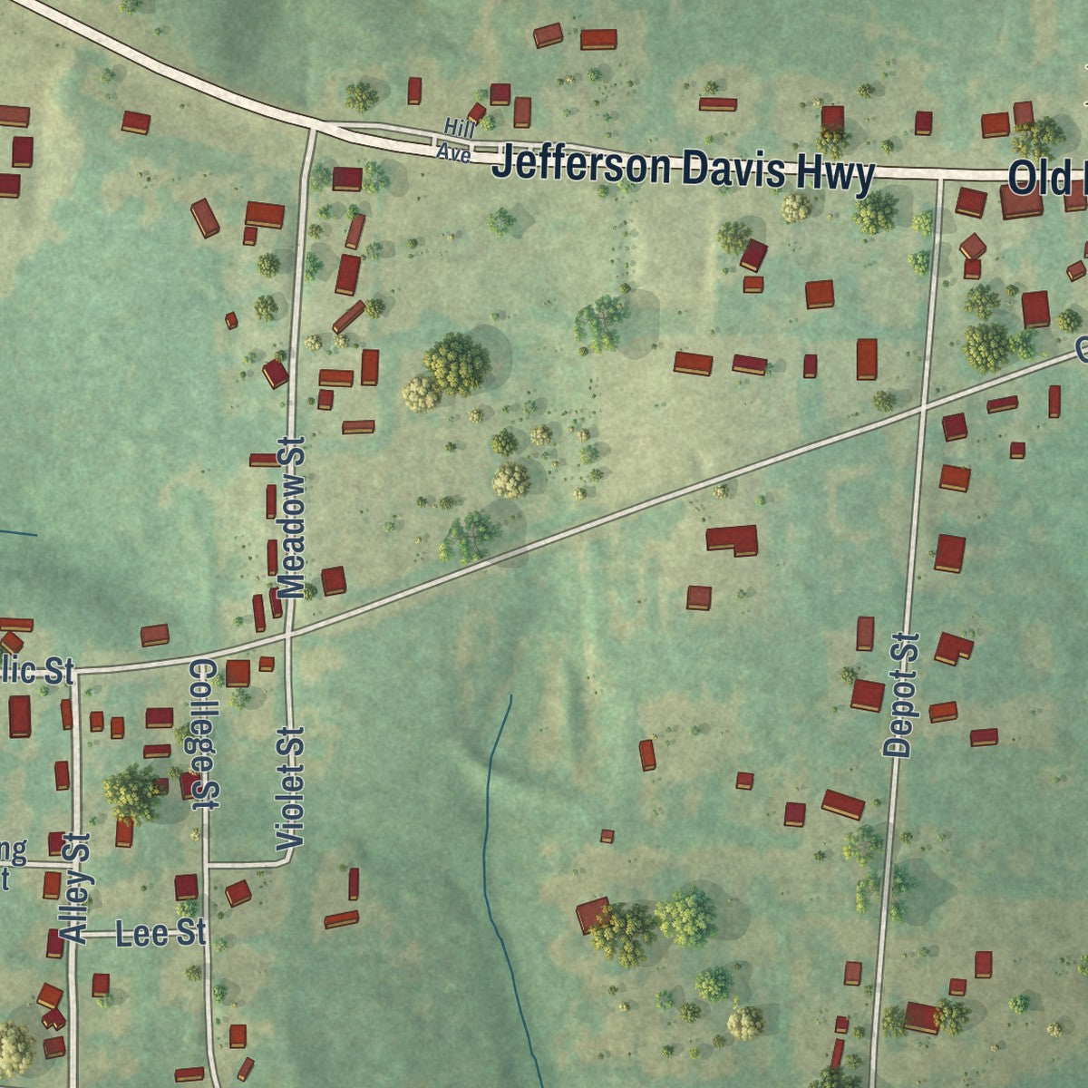 Close-up of the map of Midway, Alabama print showing street and building detail