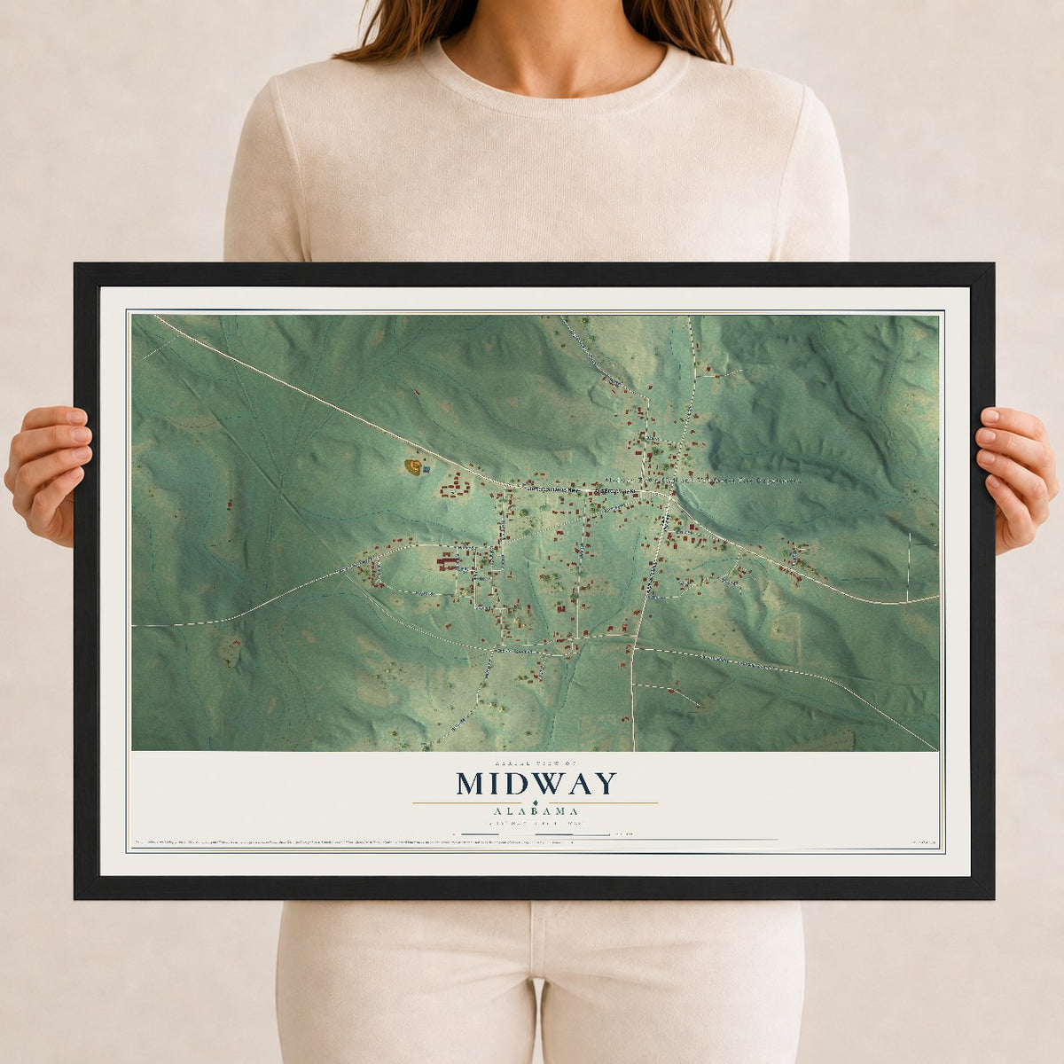 Map of Midway, Alabama, 12 x 18 inch print in a black wood frame