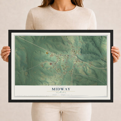 Map of Midway, Alabama, 12 x 18 inch print in a black wood frame