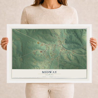Map of Midway, Alabama, 12 x 18 inch print in a white wood frame