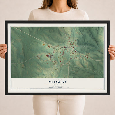 Map of Midway, Alabama, 18 x 24 inch print in a black wood frame