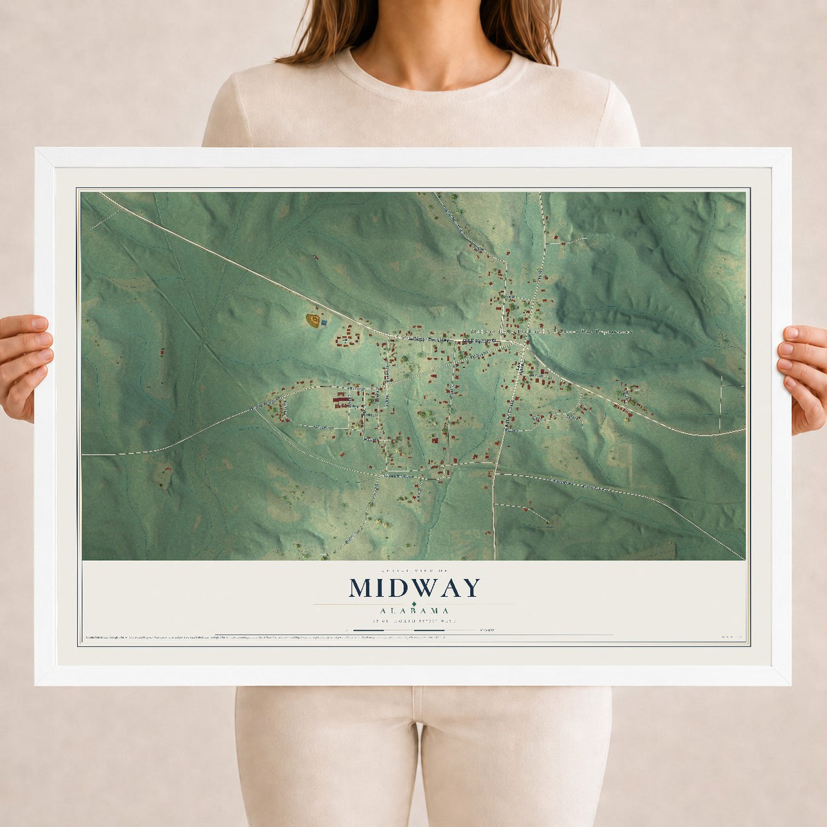 Map of Midway, Alabama, 18 x 24 inch print in a white wood frame