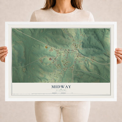 Map of Midway, Alabama, 18 x 24 inch print in a white wood frame