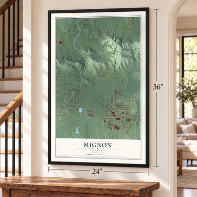Mignon, Alabama map, 24 x 36 inch print in a black frame by a staircase