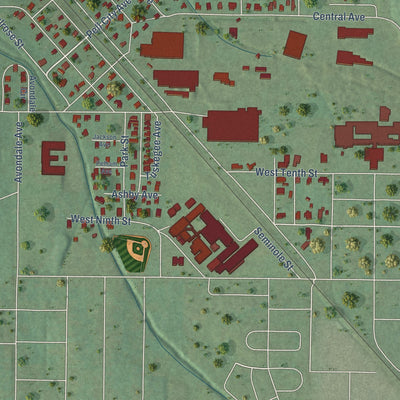 Close-up of the map of Mignon, Alabama print showing street and building detail