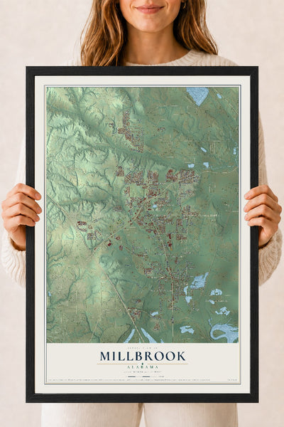 Map of Millbrook, Alabama, 18 x 24 inch print in a black wood frame