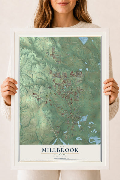 Map of Millbrook, Alabama, 18 x 24 inch print in a white wood frame