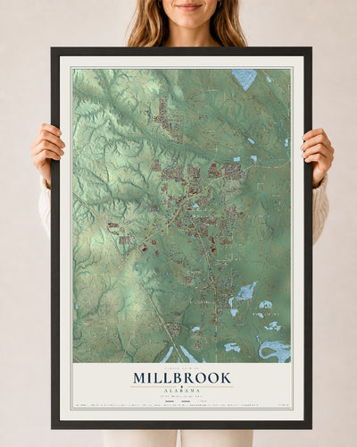 Map of Millbrook, Alabama, 24 x 36 inch print in a black wood frame