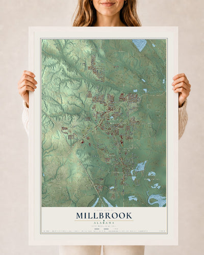 Map of Millbrook, Alabama, 24 x 36 inch print in a white wood frame