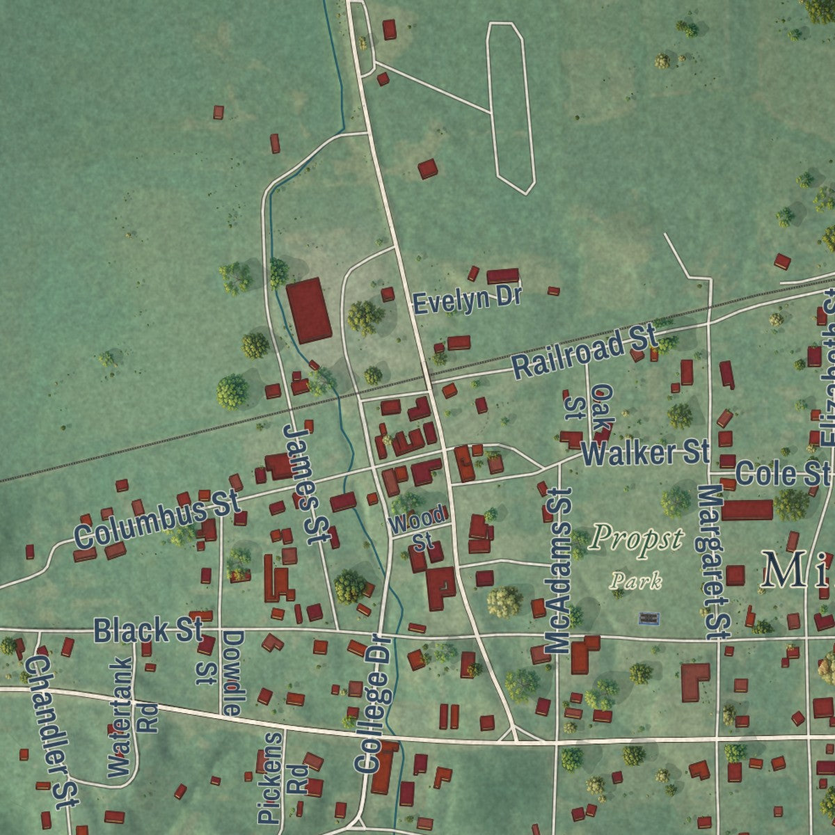 Close-up of the map of Millport, Alabama print showing street and building detail
