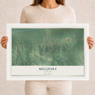 Map of Millport, Alabama, 12 x 18 inch print in a white wood frame