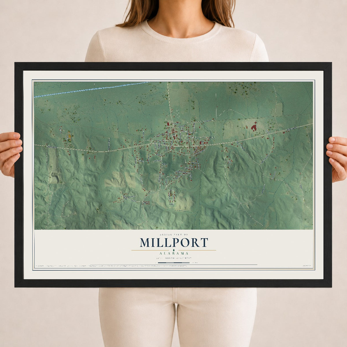 Map of Millport, Alabama, 18 x 24 inch print in a black wood frame