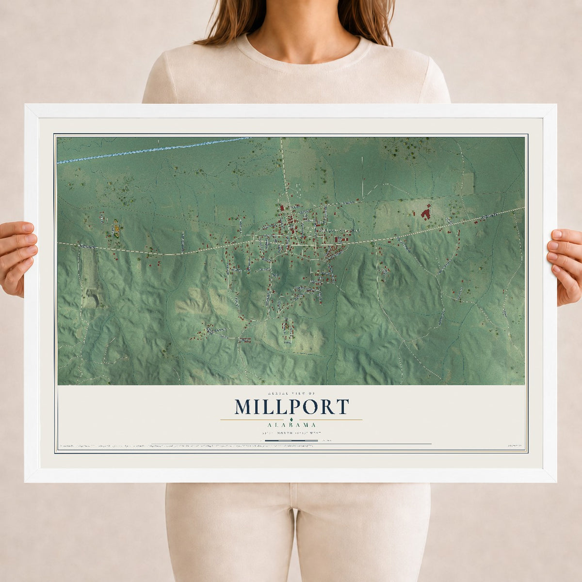 Map of Millport, Alabama, 18 x 24 inch print in a white wood frame
