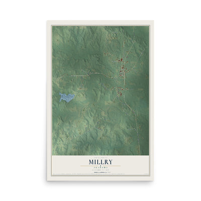 Map of Millry, Alabama, 12 x 18 inch unframed archival matte print