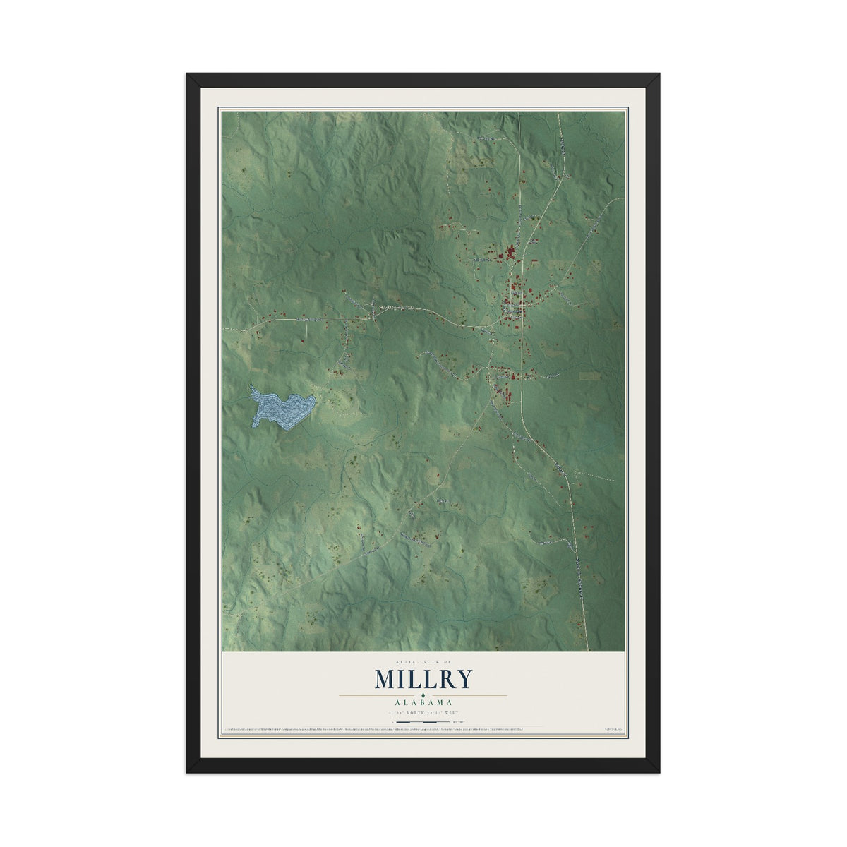 Map of Millry, Alabama, 12 x 18 inch print in a black wood frame