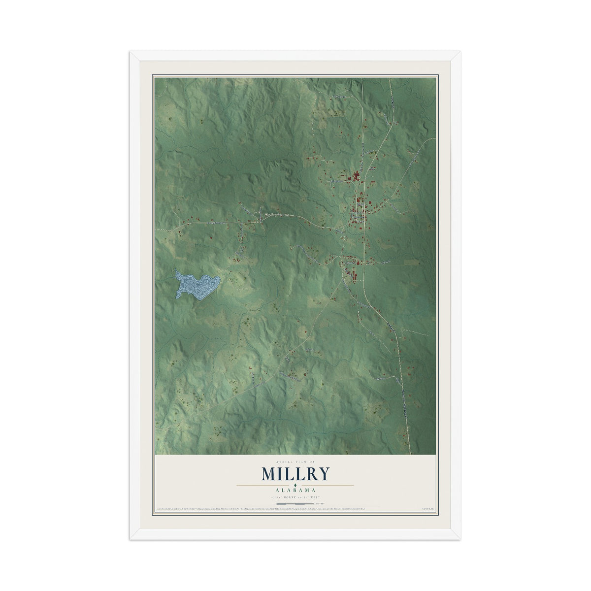 Map of Millry, Alabama, 12 x 18 inch print in a white wood frame