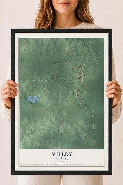 Map of Millry, Alabama, 18 x 24 inch print in a black wood frame
