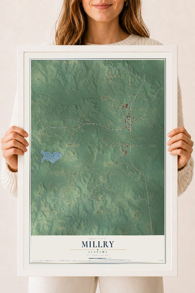 Map of Millry, Alabama, 18 x 24 inch print in a white wood frame