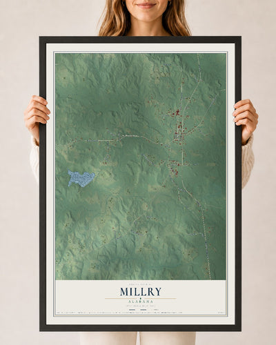 Map of Millry, Alabama, 24 x 36 inch print in a black wood frame