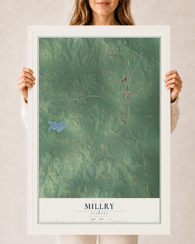 Map of Millry, Alabama, 24 x 36 inch print in a white wood frame
