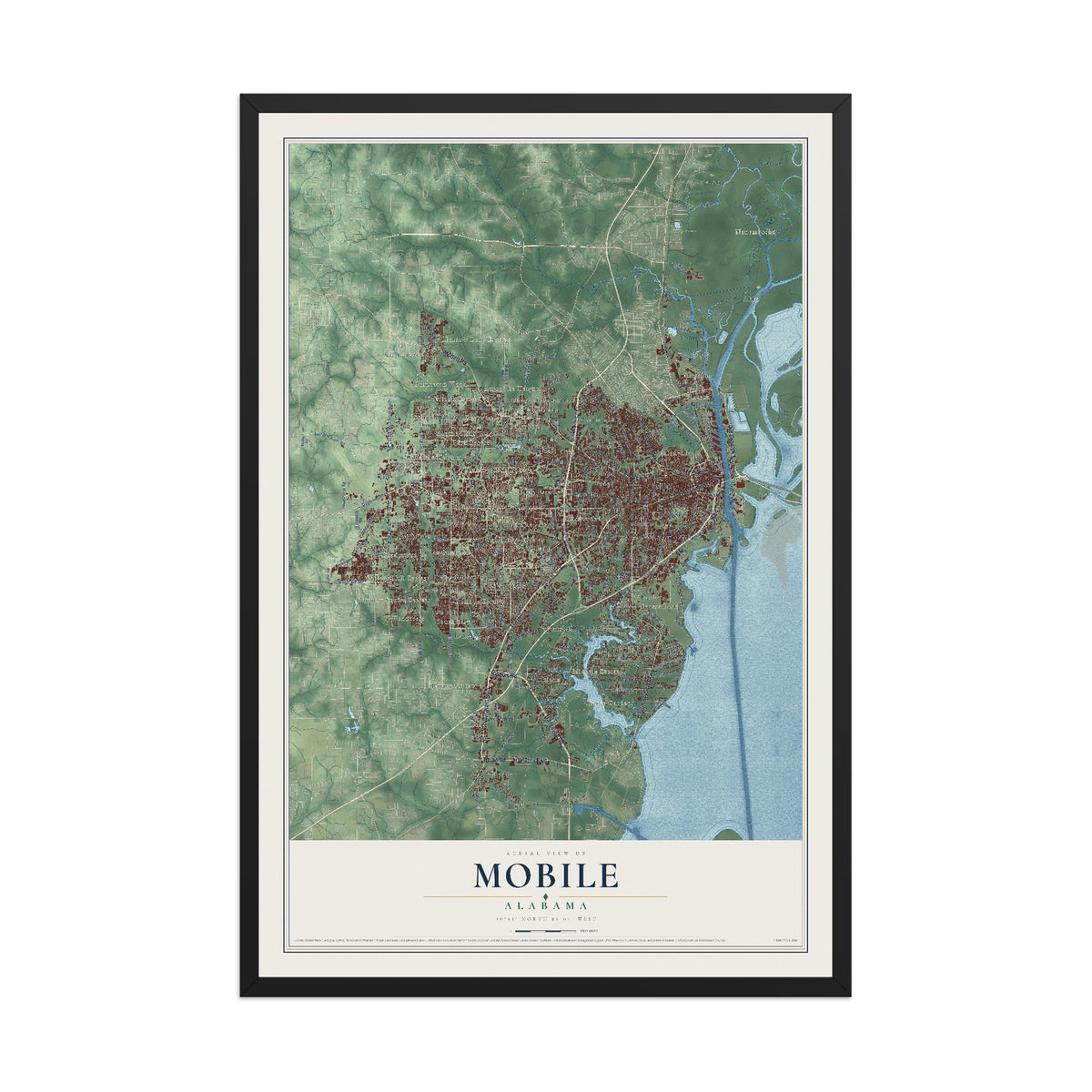 Map of Mobile, Alabama, 12 x 18 inch print in a black wood frame