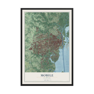 Map of Mobile, Alabama, 12 x 18 inch print in a black wood frame