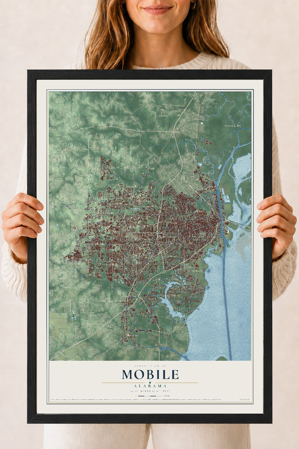 Map of Mobile, Alabama, 18 x 24 inch print in a black wood frame