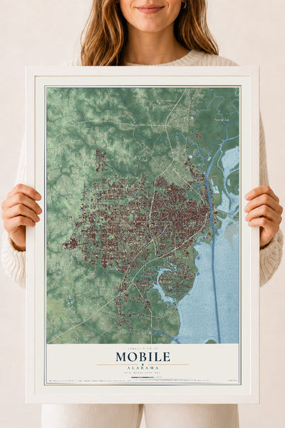 Map of Mobile, Alabama, 18 x 24 inch print in a white wood frame