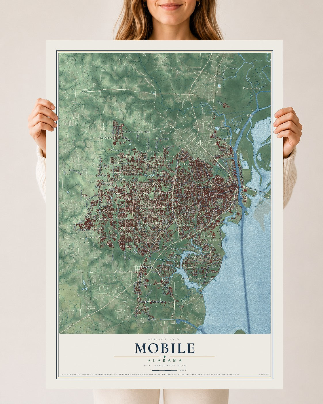 Map of Mobile, Alabama, 24 x 36 inch unframed archival matte print