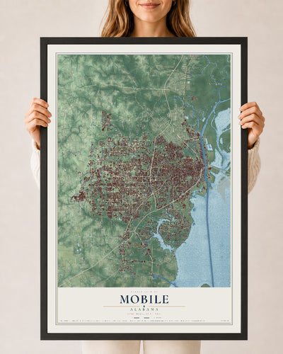 Map of Mobile, Alabama, 24 x 36 inch print in a black wood frame