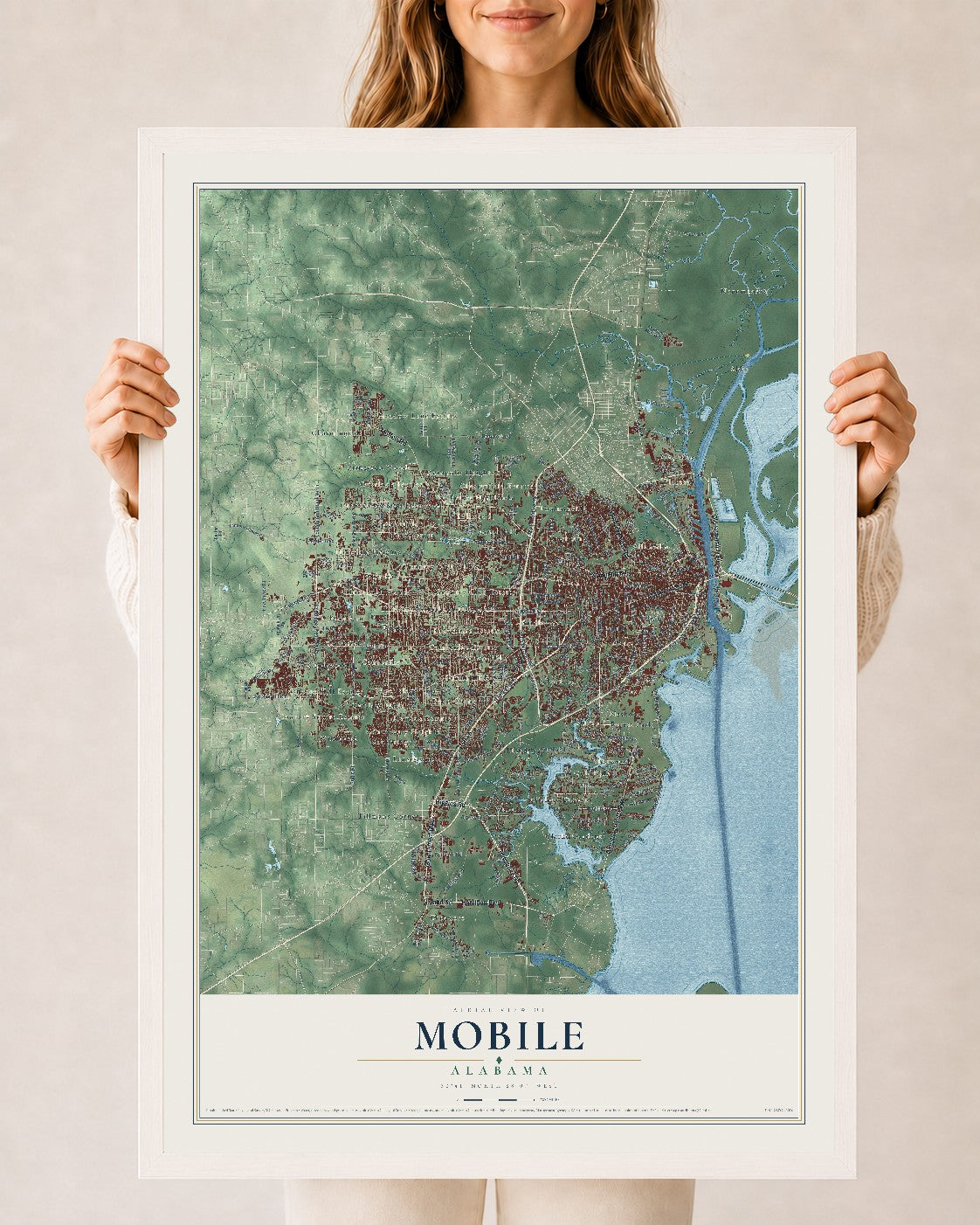Map of Mobile, Alabama, 24 x 36 inch print in a white wood frame