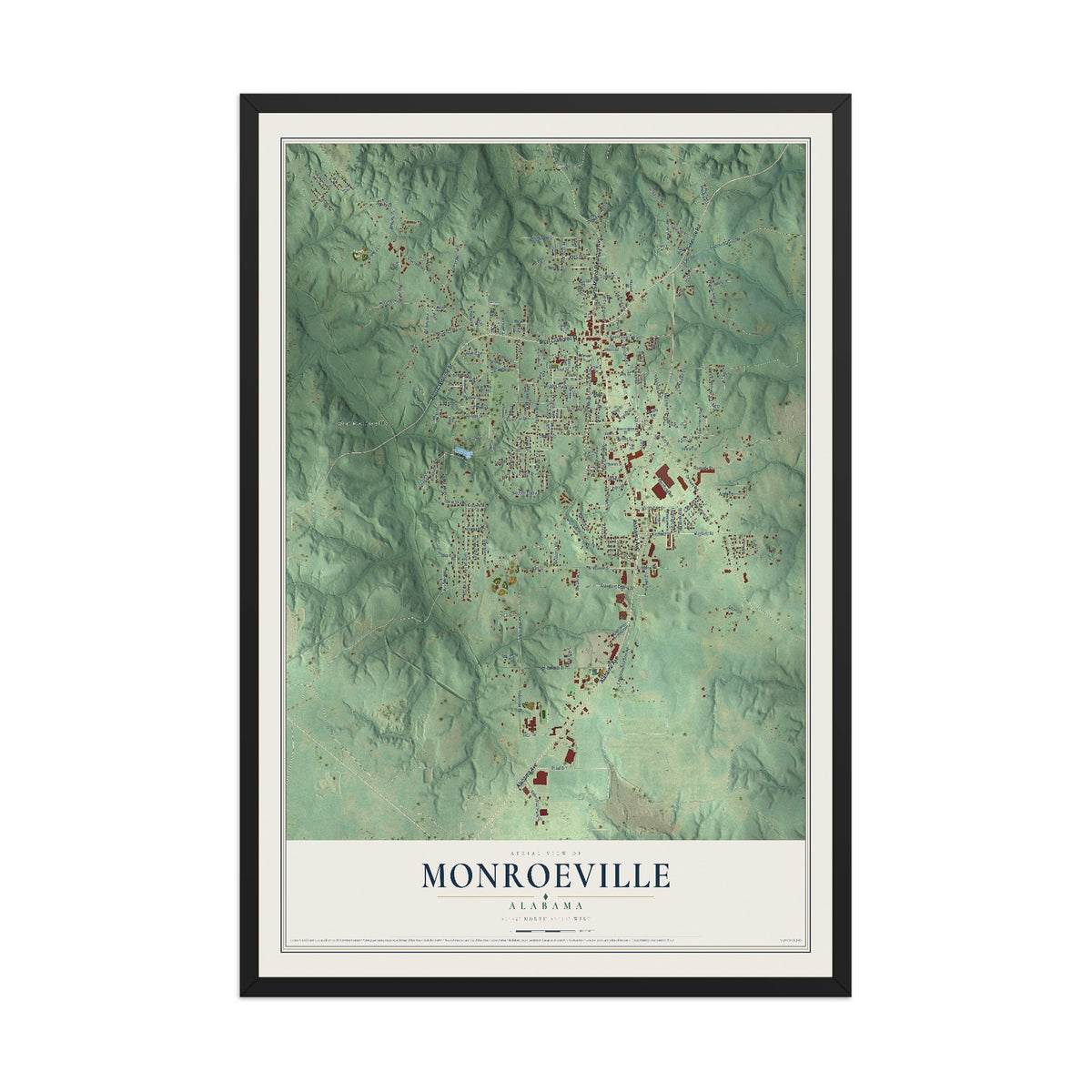 Map of Monroeville, Alabama, 12 x 18 inch print in a black wood frame