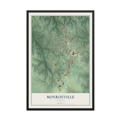 Map of Monroeville, Alabama, 12 x 18 inch print in a black wood frame